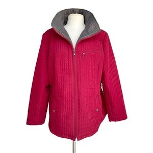 ST JOHN BAY Jacket Plus Sz 1X Red Gray Collar Full Zip Quilted Lined Snap Pocket